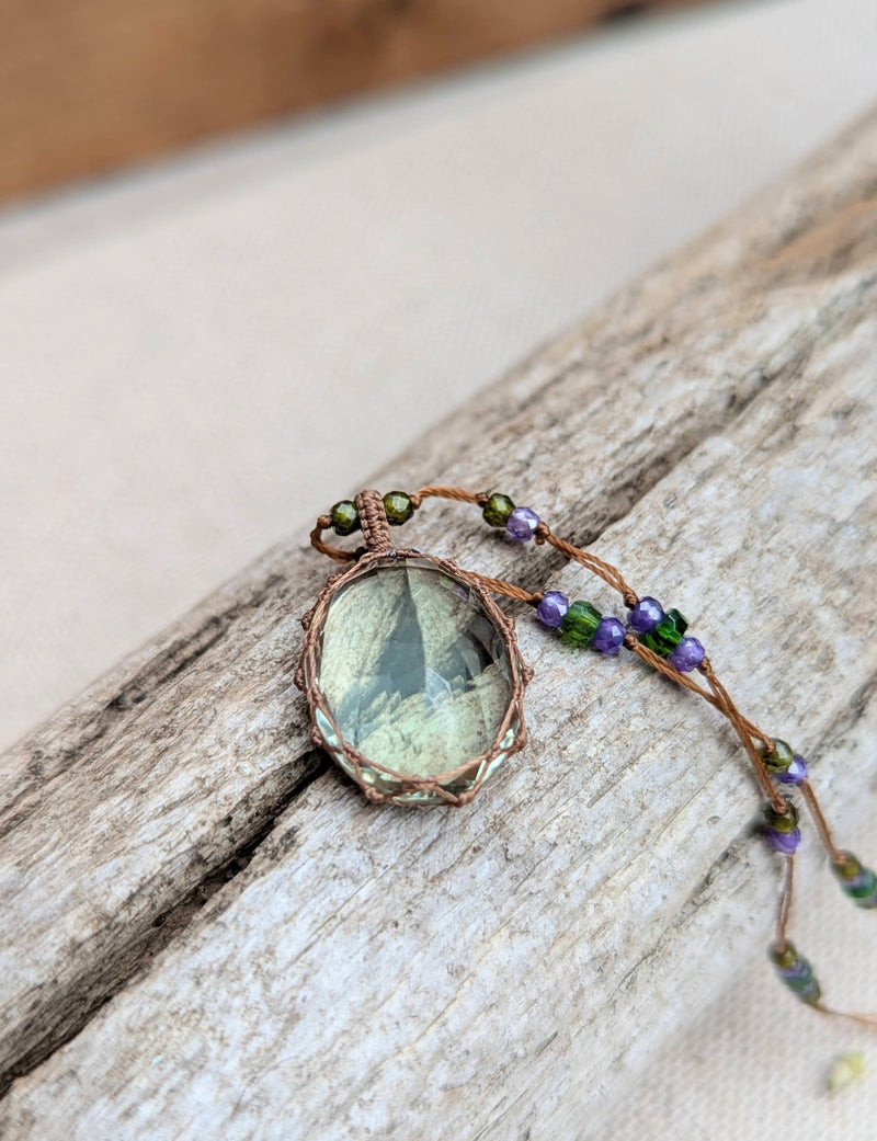 Tibetan macrame necklace green amethyst crystal stone jewelry shop boston sowa gift store 