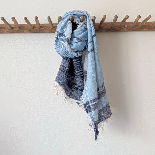 Tamaki Niime soft woven striped cotton scarf One of a kind. Made in Japan. Medium Root Shawl. multicolor shop Boston sowa gift store boutique blue white navy sky