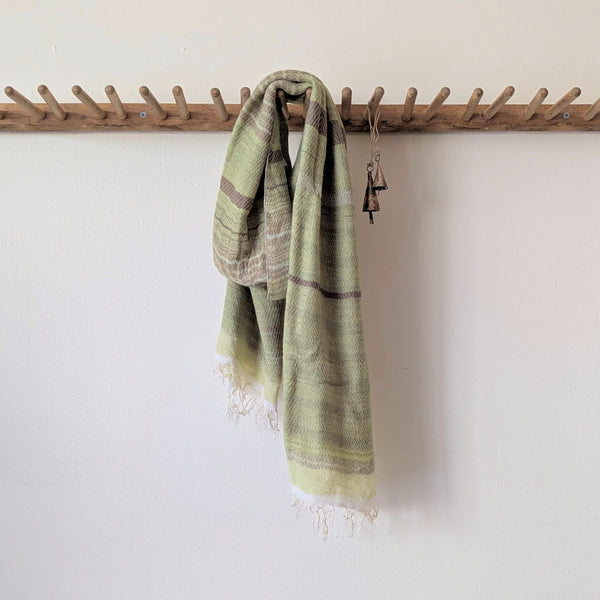 Tamaki Niime soft woven striped cotton scarf One of a kind. Made in Japan. Medium Root Shawl. multicolor shop Boston sowa gift store boutique green tan taupe white