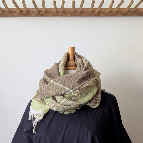 Tamaki Niime soft woven striped cotton scarf One of a kind. Made in Japan. Medium Root Shawl. multicolor shop Boston sowa gift store boutique green tan taupe white