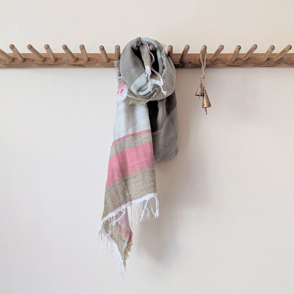 Tamaki Niime soft woven striped cotton scarf One of a kind. Made in Japan. Medium Root Shawl. multicolor shop Boston sowa gift store boutique pink gray light blue sage green