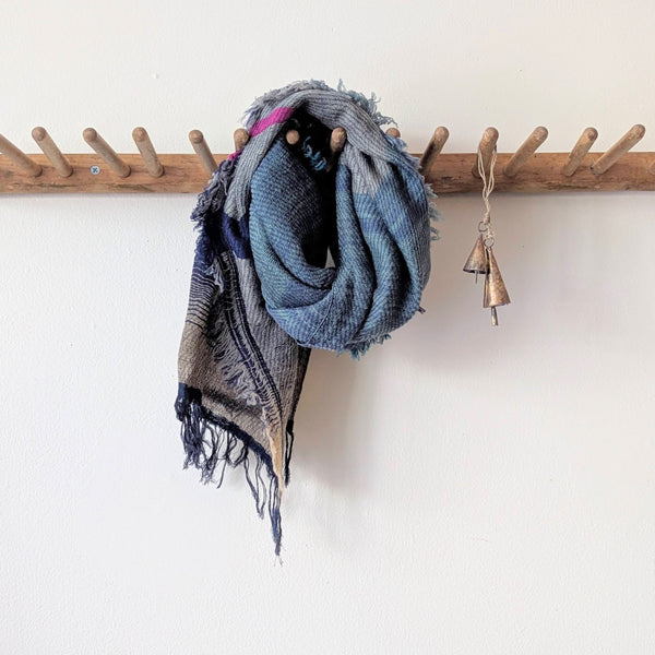 Tamaki Niime soft woven striped cotton scarf One of a kind. Made in Japan. Medium Root Shawl. multicolor shop Boston sowa gift store boutique blue white teal pink gray