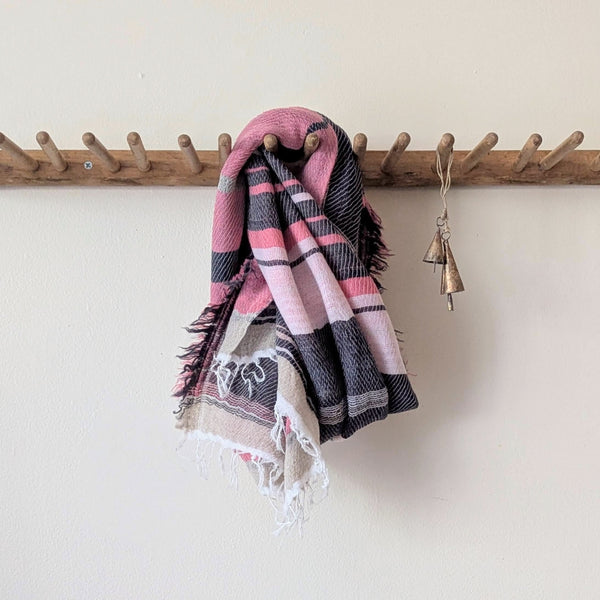 Tamaki Niime soft woven striped cotton scarf One of a kind. Made in Japan. Medium Root Shawl. multicolor shop Boston sowa gift store boutique pink gray white taupe 