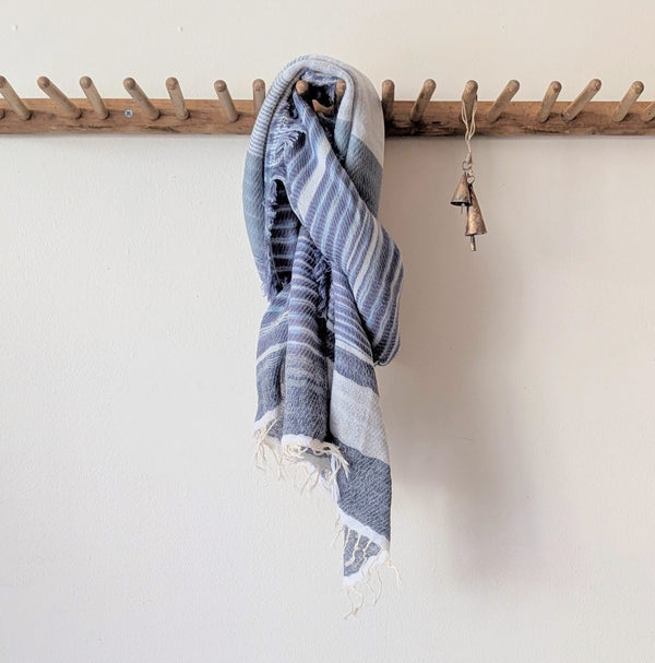 Tamaki Niime soft woven striped cotton scarf One of a kind. Made in Japan. Medium Root Shawl. multicolor shop Boston sowa gift store boutique blue white