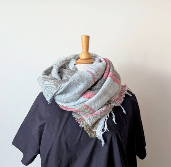 Tamaki Niime soft woven striped cotton scarf One of a kind. Made in Japan. Medium Root Shawl. multicolor shop Boston sowa gift store boutique pink gray light blue sage green