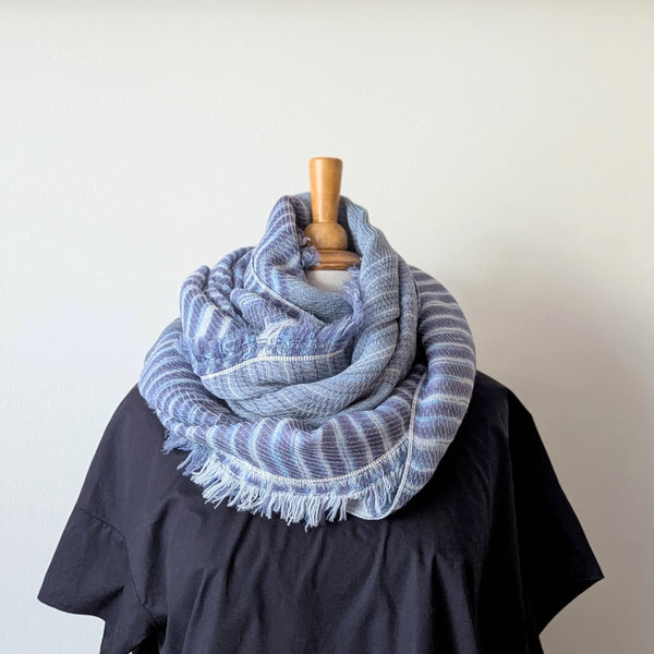 Tamaki Niime soft woven striped cotton scarf One of a kind. Made in Japan. Medium Root Shawl. multicolor shop Boston sowa gift store boutique blue white
