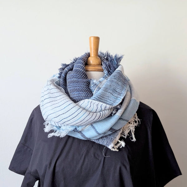 Tamaki Niime soft woven striped cotton scarf One of a kind. Made in Japan. Medium Root Shawl. multicolor shop Boston sowa gift store boutique blue white navy sky