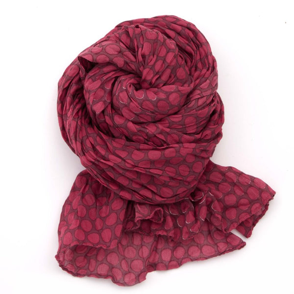 Halo and Swan Blockprinted pattern polka dot Ruby maroon hot pink lightweight scarf scarves organic cotton shop Boston SoWA boutique small business gift store