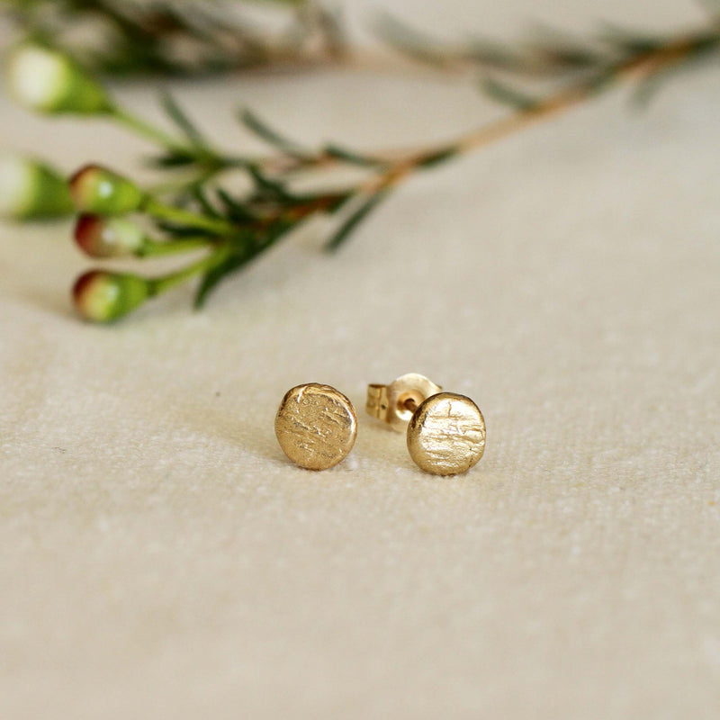 Thicket jewelry birch bark texture stud earrings 14k recycled gold handmade in Portland Maine New England shop Boston sowa gift store boutique