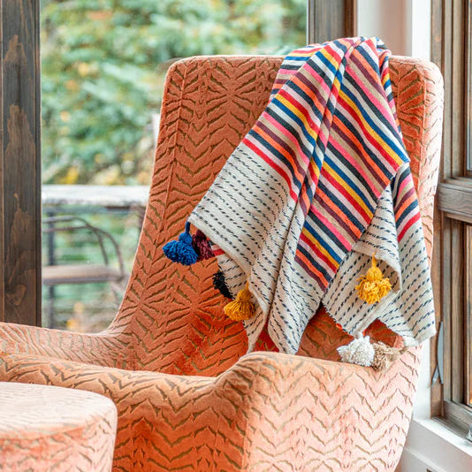 Rainbow Stripe Cotton Blanket with Tassels