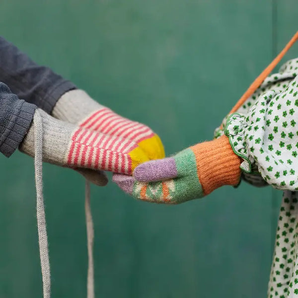 Catherine Tough Kid's Mittens Lambswool made in scotland on a string pink stripe gift store shop Boston sowa boutique winter accessories