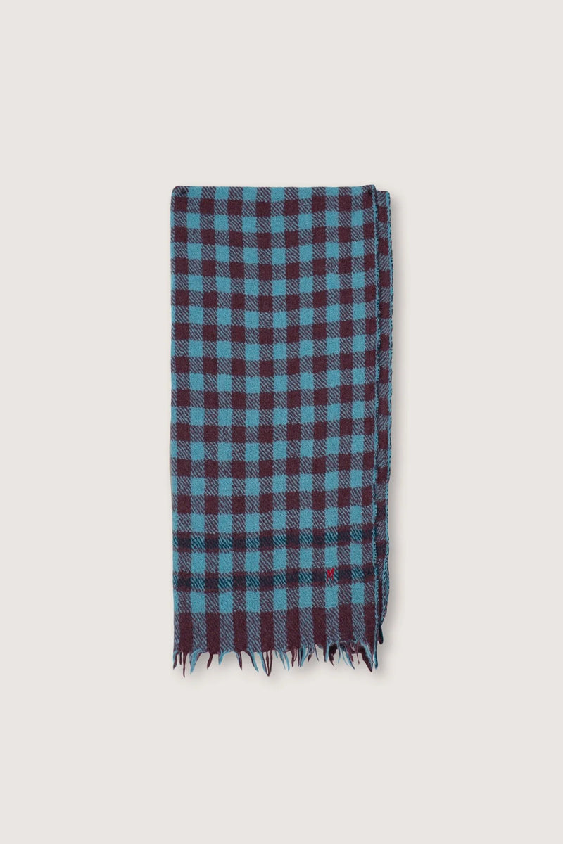 Moismont Echarpe 703 Cloud Blue Plum Checker Gingham Silk Wool blend Unisex France India Handmade Woven Scarf Sowa Boutique Gift Store Shop Boston 