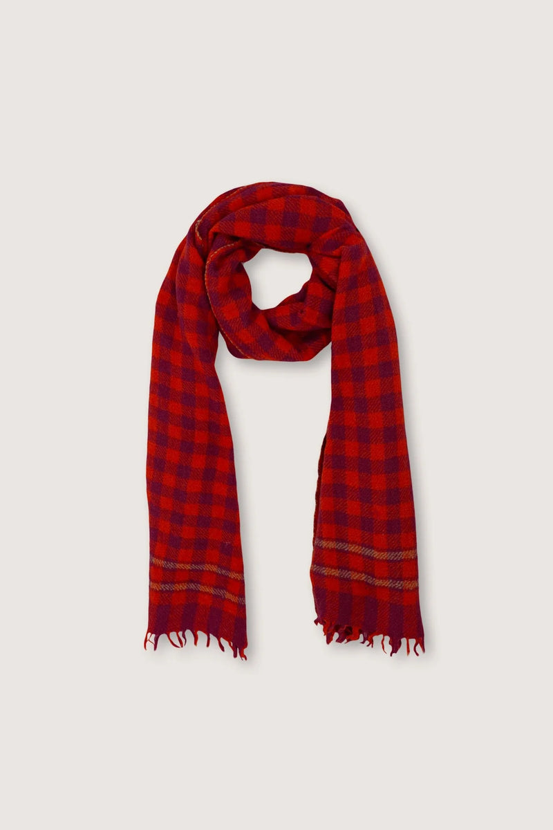 Moismont Echarpe 703 Poppy Red Burgundy Checker Gingham Silk Wool blend France India Handmade Woven Scarf Sowa Boutique Gift Store Shop Boston 