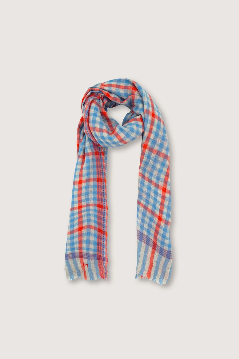 Moismont Echarpe 754 Cloud Orange Blue Checker Gingham Wool France India Handmade Woven Scarf Sowa Boutique Gift Store Shop Boston 