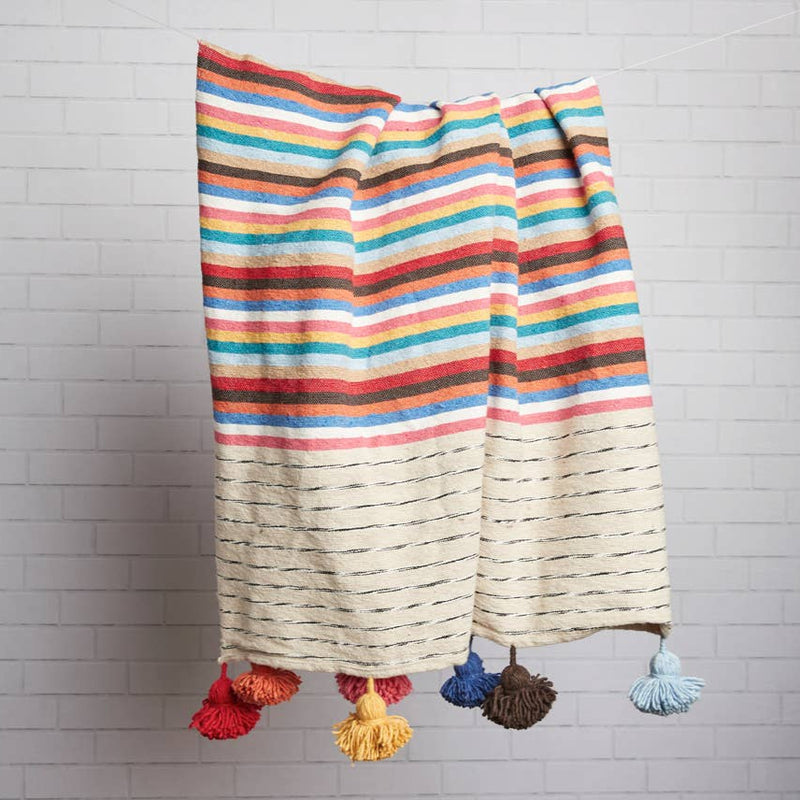 Moroccan Handwoven Oversize Tasseled Throw Blanket Cotton rainbow multicolor stripe handmade sowa shop store boston boutique