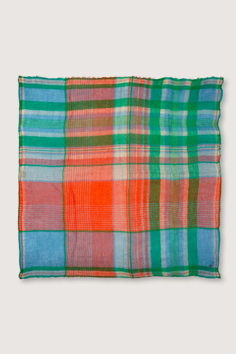 Moismont Foulard 752 Wool Plaid Square Green Blue Orange Unisex France India Handmade Woven Scarf Sowa Boutique Gift Store Shop Boston 