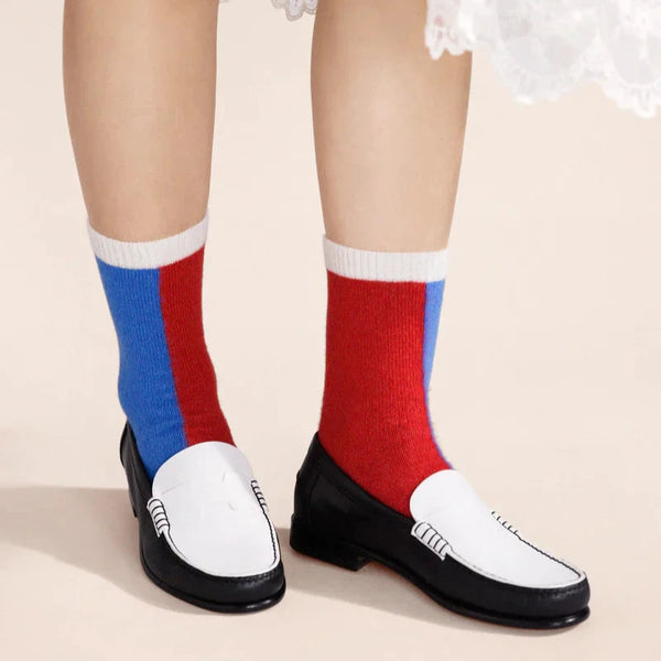 Hansel from Basel half and half red blue cashmere crew socks shop boston gift store boutique